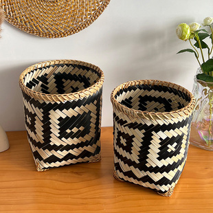 竹编垃圾桶藤边天圆地方桶竹篮收纳筐装饰民族花盆套脏衣桶收纳篮