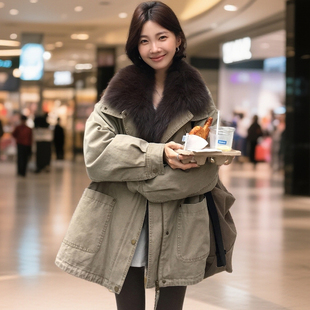 2025胖mm设计感毛领工装 大码 新款 冬季 派克服羽绒棉服外套上衣 女装