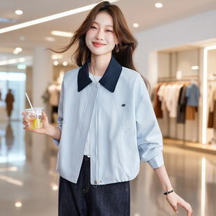 时尚撞色翻领外套女短款2026春季新款小个子休闲百搭洋气夹克上衣