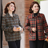 妈妈秋装 气质毛呢上衣 时尚 双面呢2025格子翻领外套中老年女装 大码