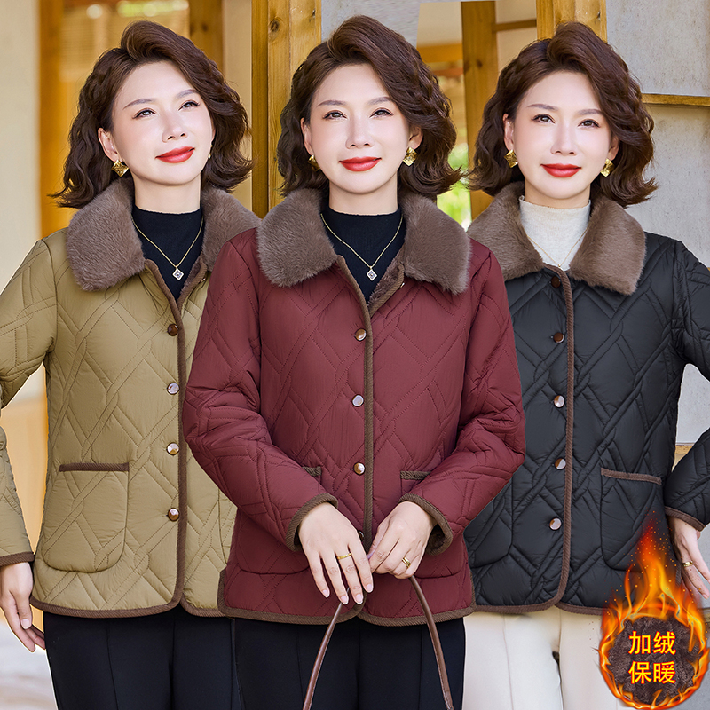 中年妈妈秋冬装加厚加绒保暖外套2025新款中老年女装翻领棉衣短款