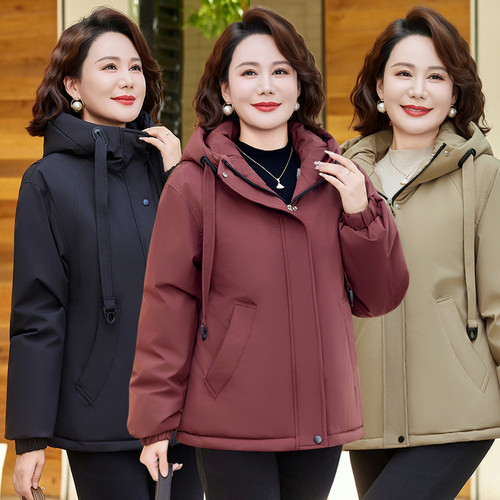 妈妈冬装外套加绒加厚2025新款连帽派克服中老年大码时尚保暖棉衣