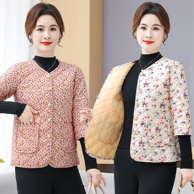 2025秋冬妈妈装V领小棉衣时尚大码修身棉服中老年花色保暖棉袄女