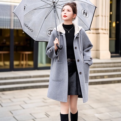 2025秋冬小个子休闲连帽双面羊绒大衣女中长款加厚高级感毛呢外套