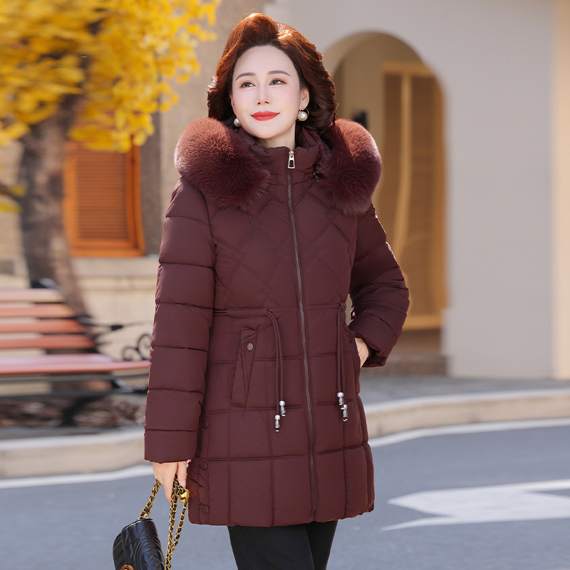 妈妈中长款连帽冬装羽绒棉服棉衣女2025新款中老年大码棉袄外套女