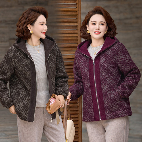 妈妈冬装水貂绒毛呢外套2025加绒连帽中老年奶奶洋气保暖呢子大衣