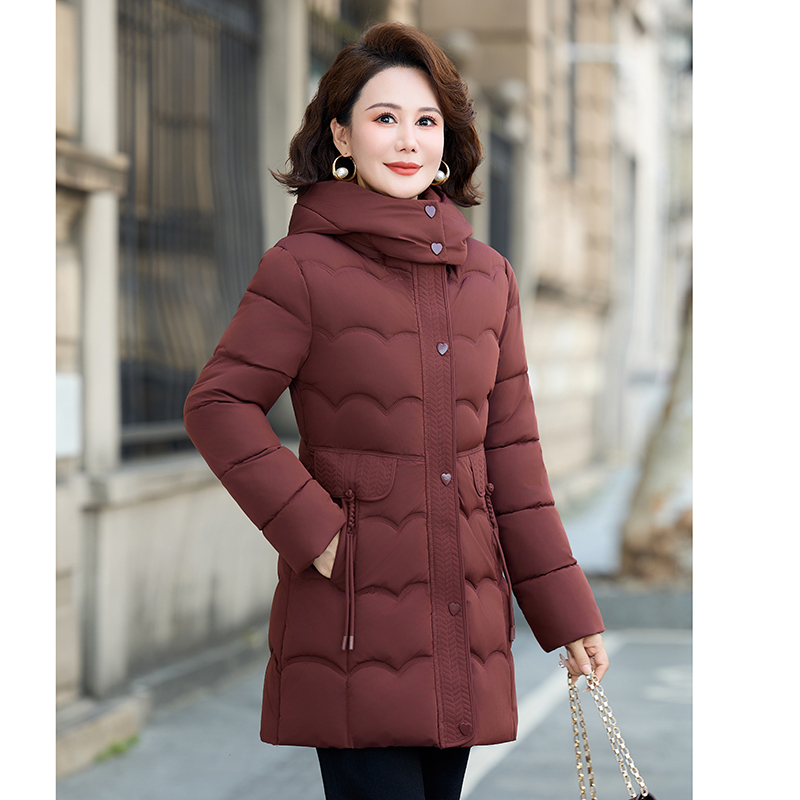 中年妈妈中长款连帽羽绒棉服棉衣2025新款冬装中老年加厚棉袄外套
