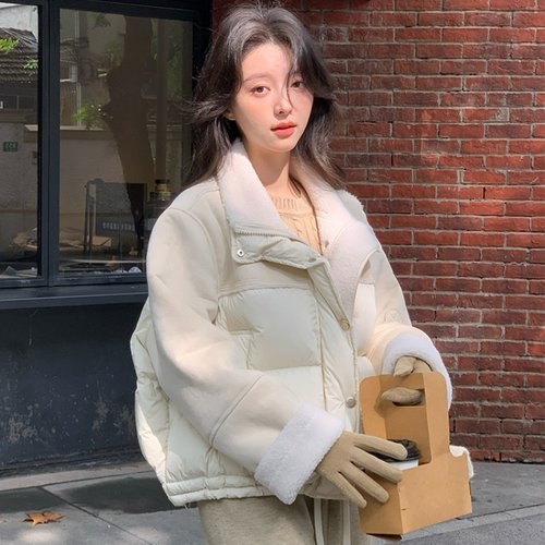 皮毛拼接立领棉服外套2025冬季女装新款百搭加绒加厚保暖棉衣棉袄