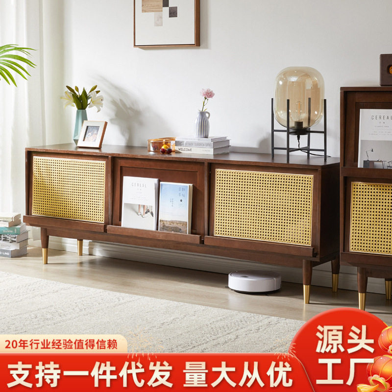 家逸北欧实木电视柜客厅电视机柜家用储物柜子小户型玻璃藤编地柜
