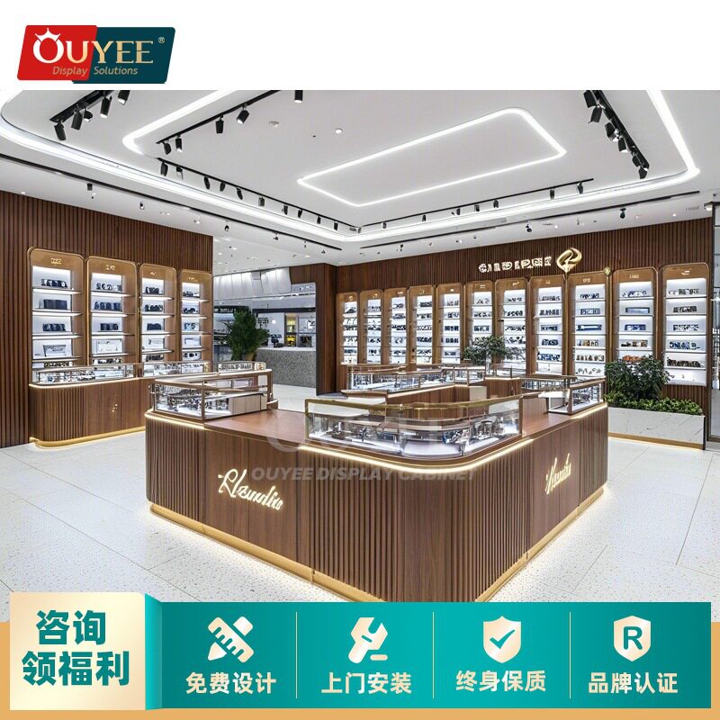 胡桃木色眼镜柜台高质量商业眼镜展示柜带LED灯条中岛陈列柜台