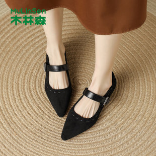 木林森女鞋2026春季新款尖头增高小个子浅口单鞋复古简约时装鞋女