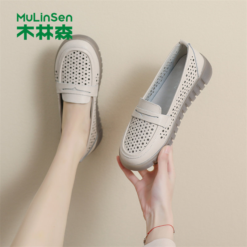 木林森真皮单鞋女2025夏季新款平底舒适护士鞋软底镂空透气妈妈鞋,女鞋,浅口单鞋,淘宝优惠券,粉丝福利购,淘宝优惠卷
