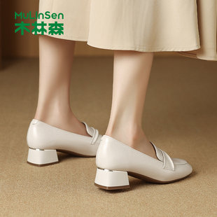 木林森女鞋2026春季新款方头增高小个子浅口单鞋百搭时尚乐福鞋女