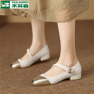 百搭圆头软底浅口女士单鞋 木林森女鞋 拼色粗跟玛丽鞋 新款 2025夏季