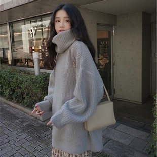 300斤高领加厚慵懒风毛衣女秋冬胖mm宽松R中长款 大码 外穿针织上衣