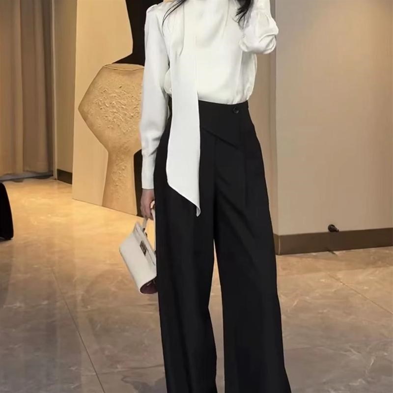 法式高级感时尚飘带长袖衬衫上衣女春季新款显瘦阔腿裤两件套装女