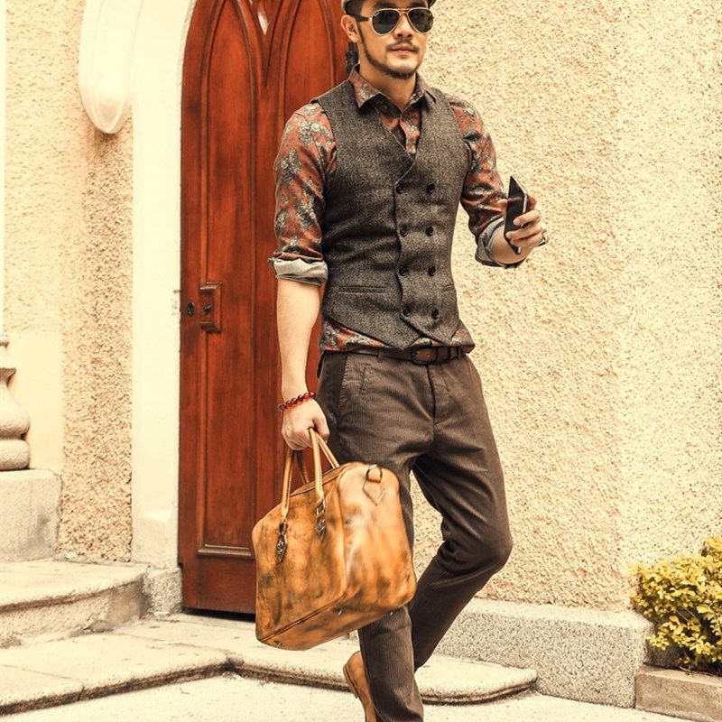 秋冬英伦复古加大码修身西装 马甲 男款人字呢双排扣型男毛呢马夹