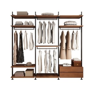 开放式衣柜架挂墙金属实木落地卧室铁艺置物架步入式挂衣架衣帽间