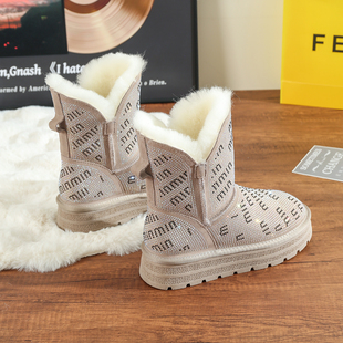 羊毛靴女防滑水钻全羊毛女靴保暖棉鞋 冬季 雪地靴女中筒2025年新款