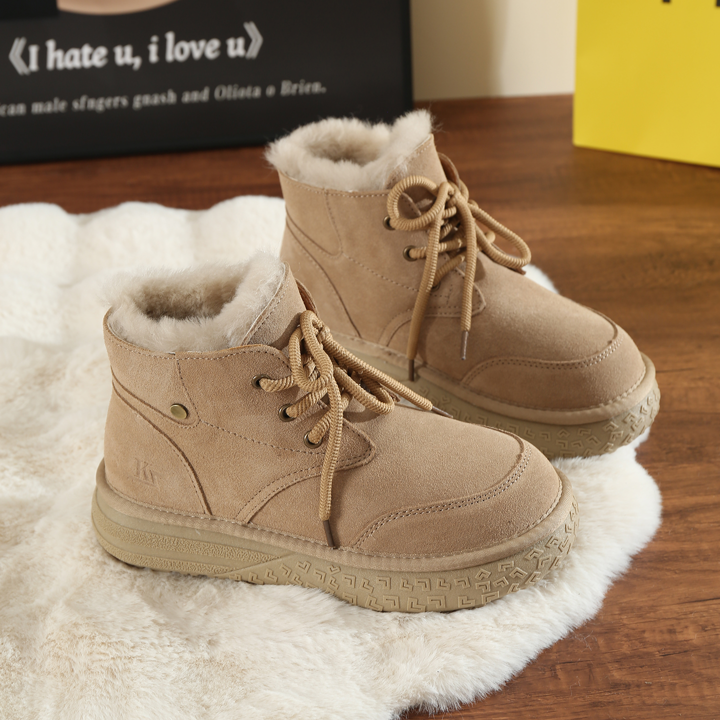 防寒雪地靴女短筒系带真皮短靴