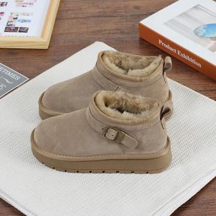 羊毛雪地靴女短筒皮带扣25年新品 靴子 皮毛一体短靴女加厚保暖棉鞋