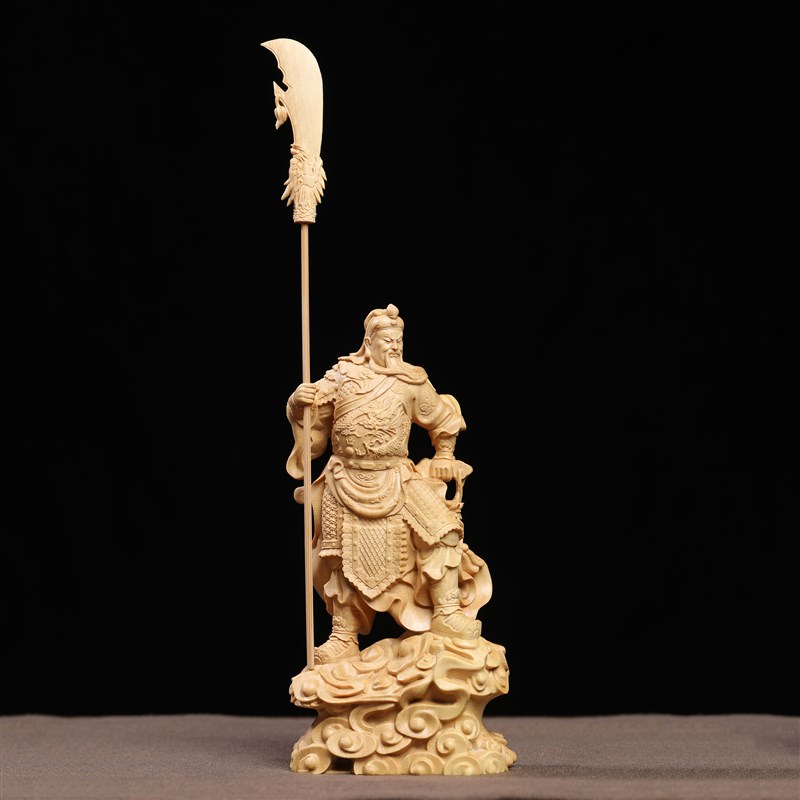 速发正宗小叶黄杨木精雕立刀关公关羽饰二神关财爷摆件家居装武品