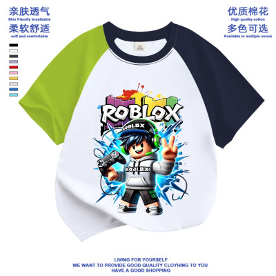 Roblox虚拟世界卡通夏季男女中大儿童短袖拼接袖圆领潮上衣服潮童