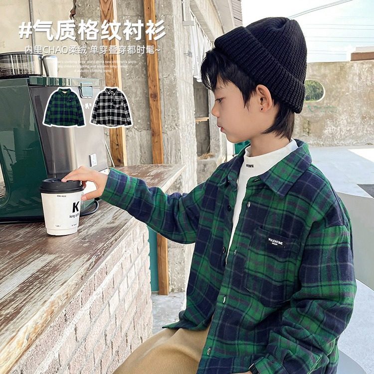 男童格子长袖加绒衬衫磨毛冬装2025新款童装秋冬款儿童炸街衬衣潮