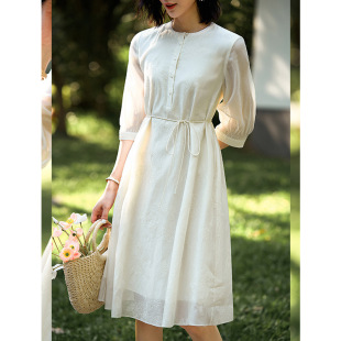 重磅真丝刺绣气质连衣裙轻奢高级感女26夏新款桑蚕丝系带显瘦长裙