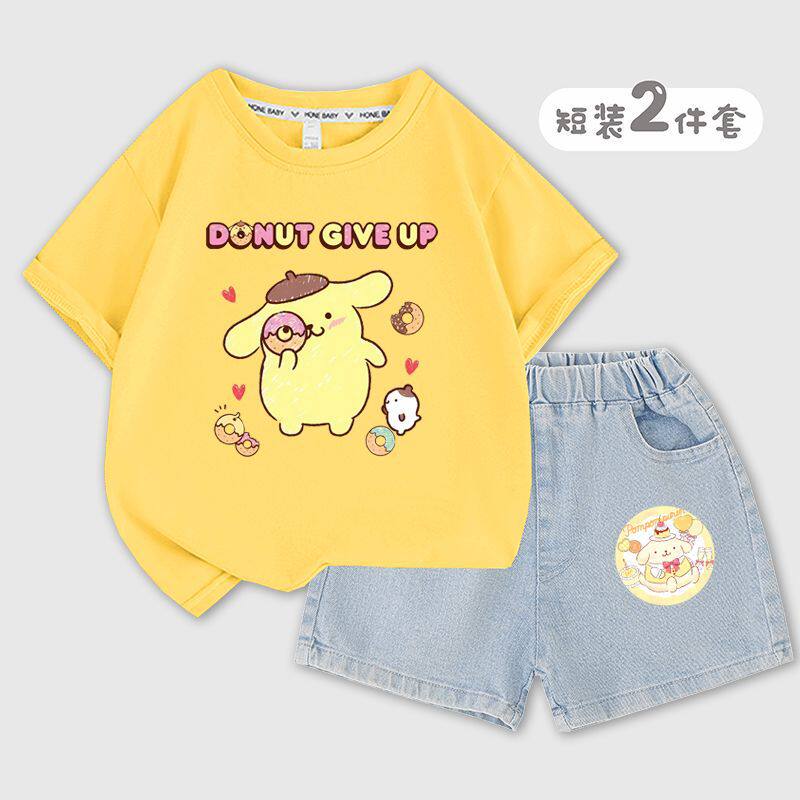 布丁狗女童套装夏季2023新款卡通休闲短袖牛仔短裤儿童夏季衣服潮