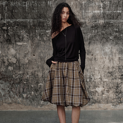 蓝棕修身夏季格纹裙子中长款复古