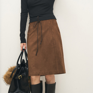 ANTIFORM背构 复古直筒半裙棕色环保麂皮半身裙女2025秋季新款