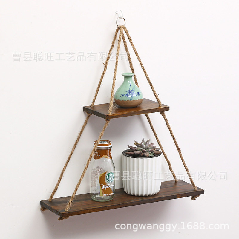 墙上置物架免打孔麻绳一字隔板实木壁挂客厅墙壁装饰架悬挂花盆架