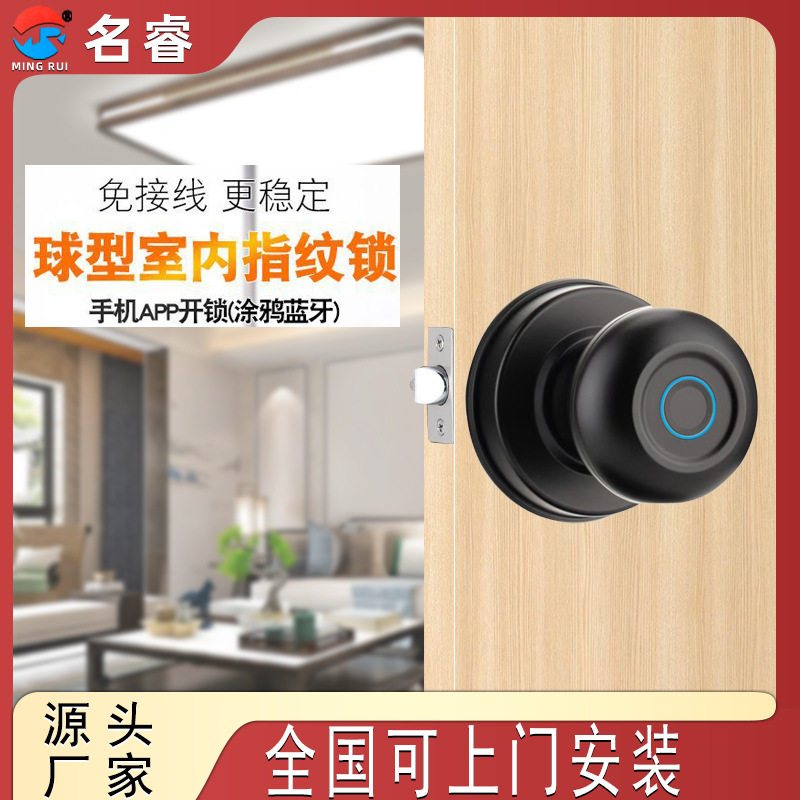 名睿球形指纹锁外贸跨境室内木门三杆锁免开孔换指纹锁涂鸦智能锁