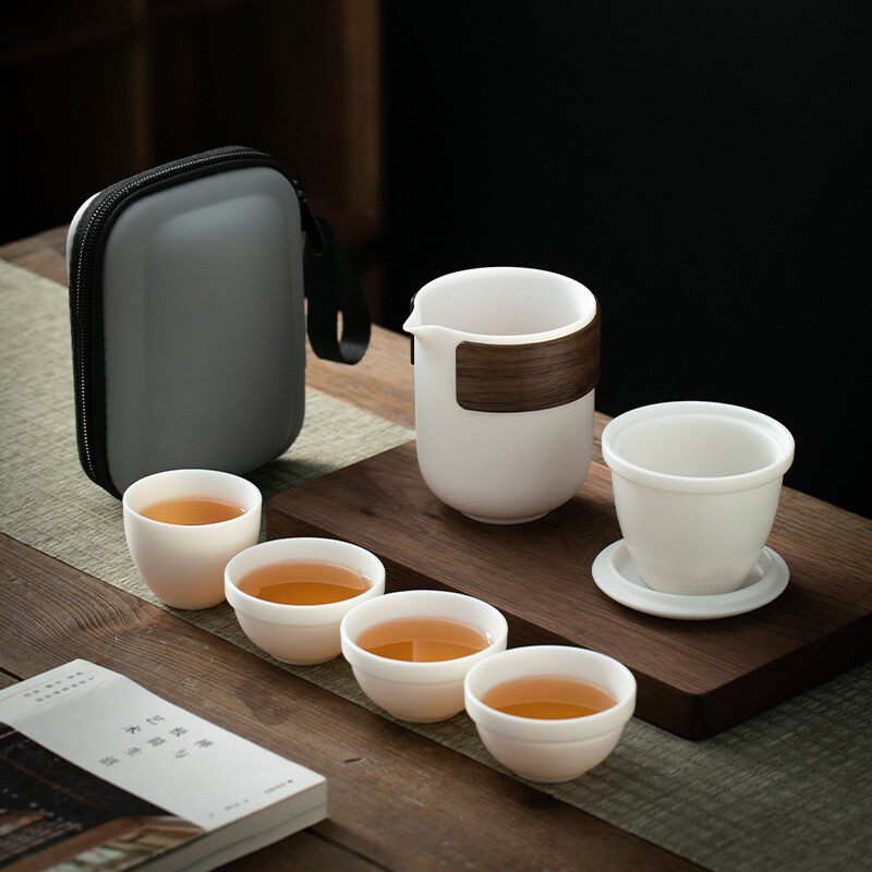 便携式旅行茶具小套装户外包功夫泡茶壶茶杯羊脂玉白瓷单人快客杯