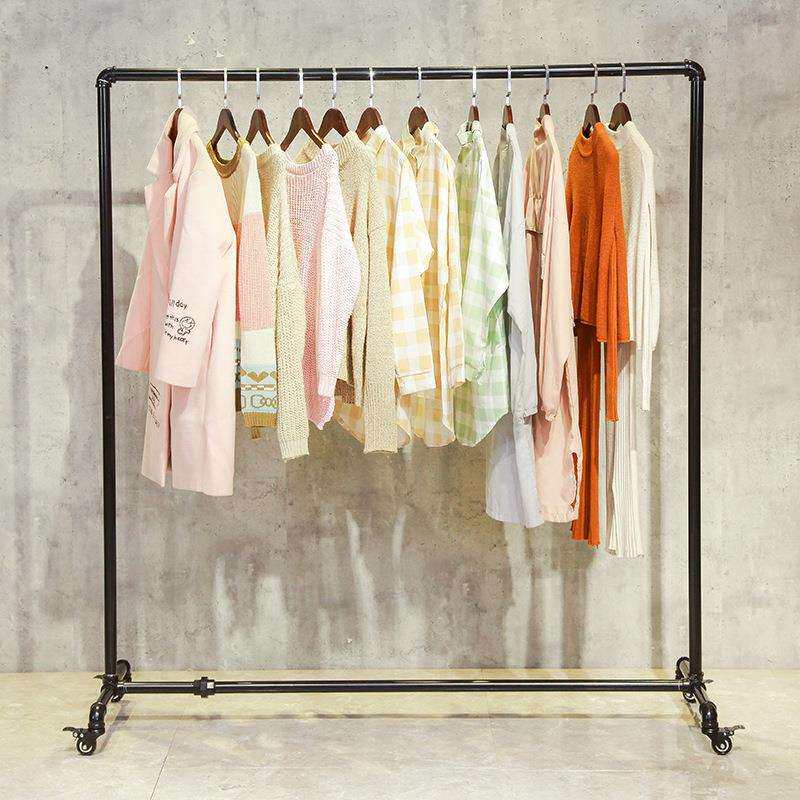 服装店复古水管挂衣架铁艺展示架落地单杠家用带轮龙门架复古风