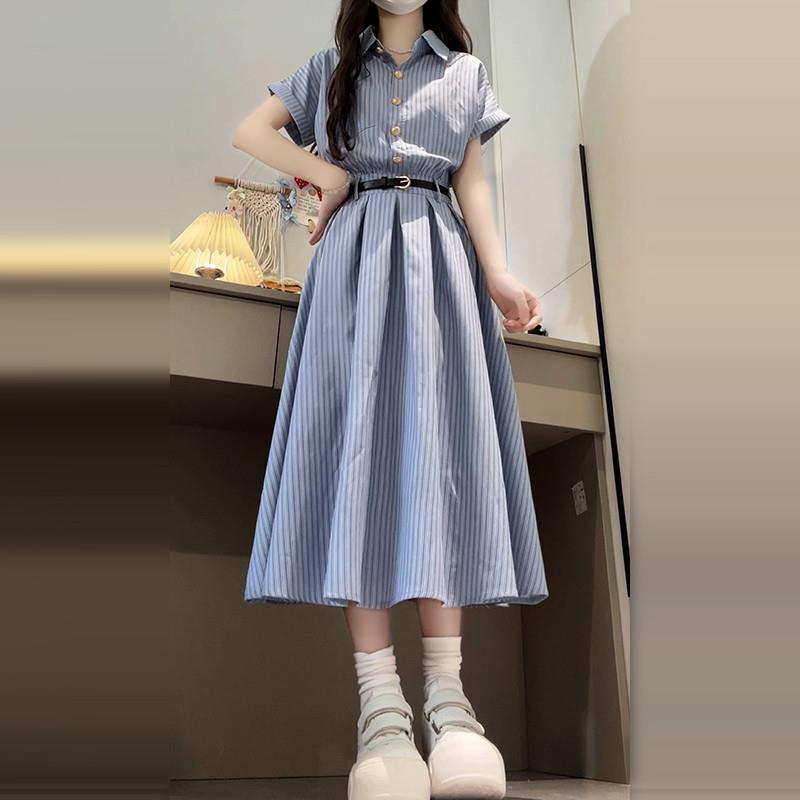大码女装2025夏季新款胖mm学院风蓝色短袖衬衫连衣裙气质收腰长裙