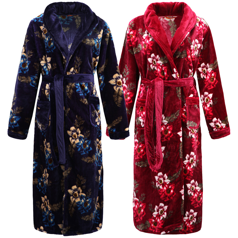 秋冬季法兰绒睡袍男女情侣睡衣加厚加绒保暖珊瑚绒浴袍加长款大码