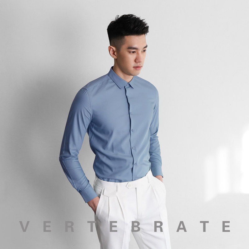 脊椎动物男装抗皱免烫白色小方领衬衣欧美风修身长袖职业装衬衫