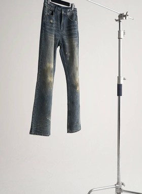 Baseplate 油污脏染破坏水洗做旧立体猫须休闲微喇叭冰蓝色牛仔裤