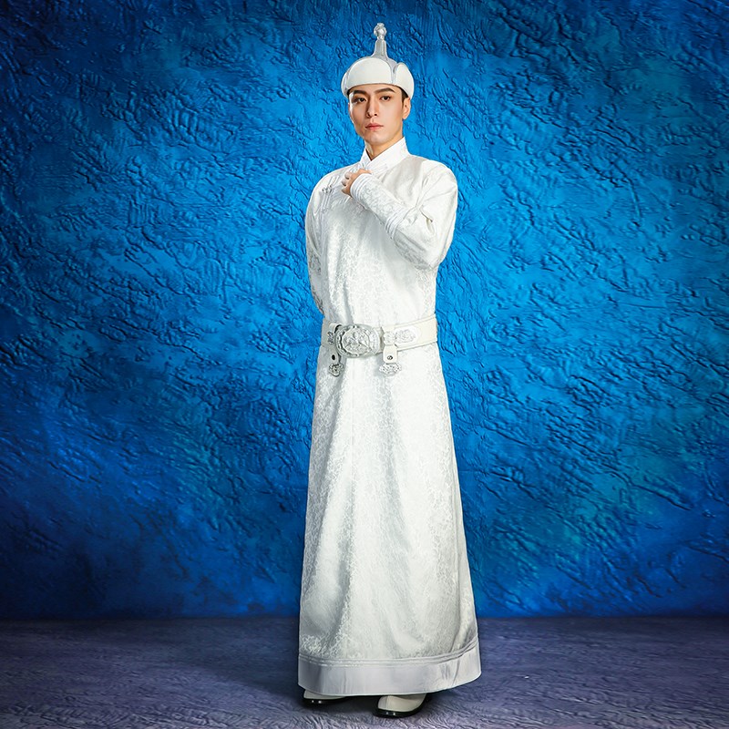 新款男士时尚拍照蒙古袍婚礼新郎伴郎父母敬酒舞蹈演出服银白色