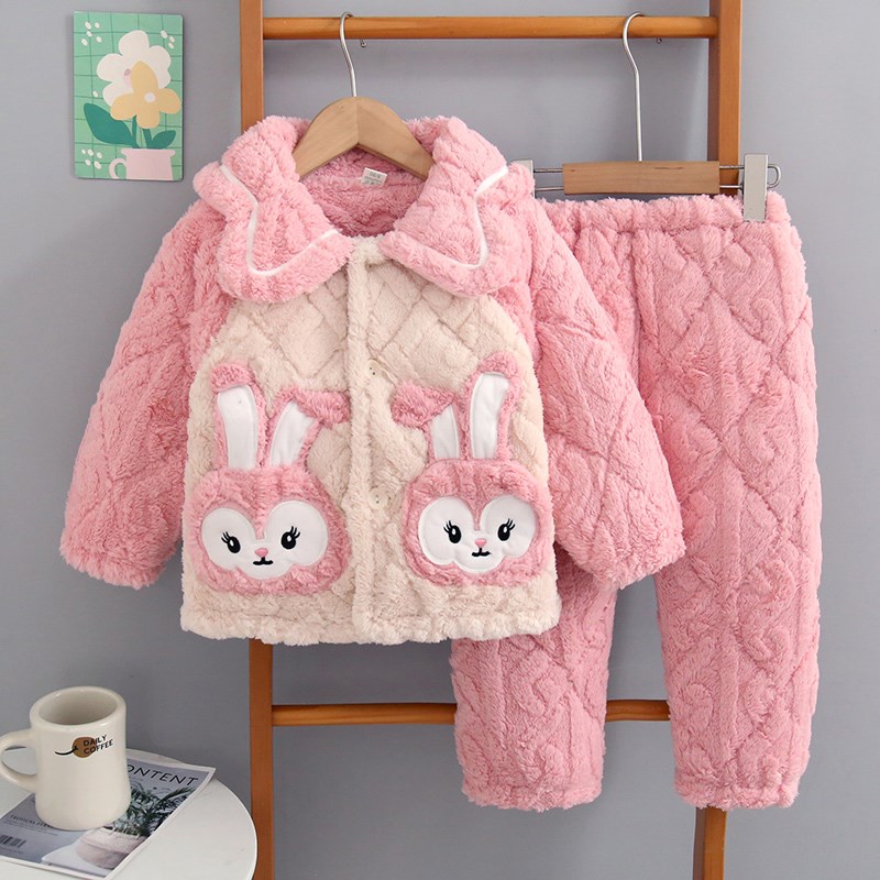 冬季儿童睡衣法兰绒三层加厚夹棉小中大女童珊瑚绒保暖家居服套装