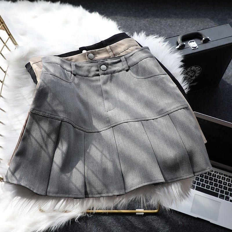 有口袋百褶裙女夏高腰a字显瘦小个子短裙西装面料港风灰色半身裙