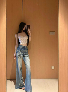 FBB limit春季新品千禧风重工毛须贴布绣蝴蝶全棉喇叭牛仔长裤女