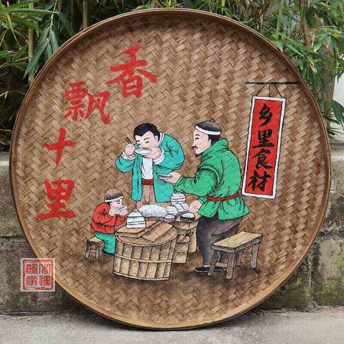 竹编手绘簸箕画装饰品餐馆挂饰米筛墙饰田园农村墙壁挂农家乐挂画