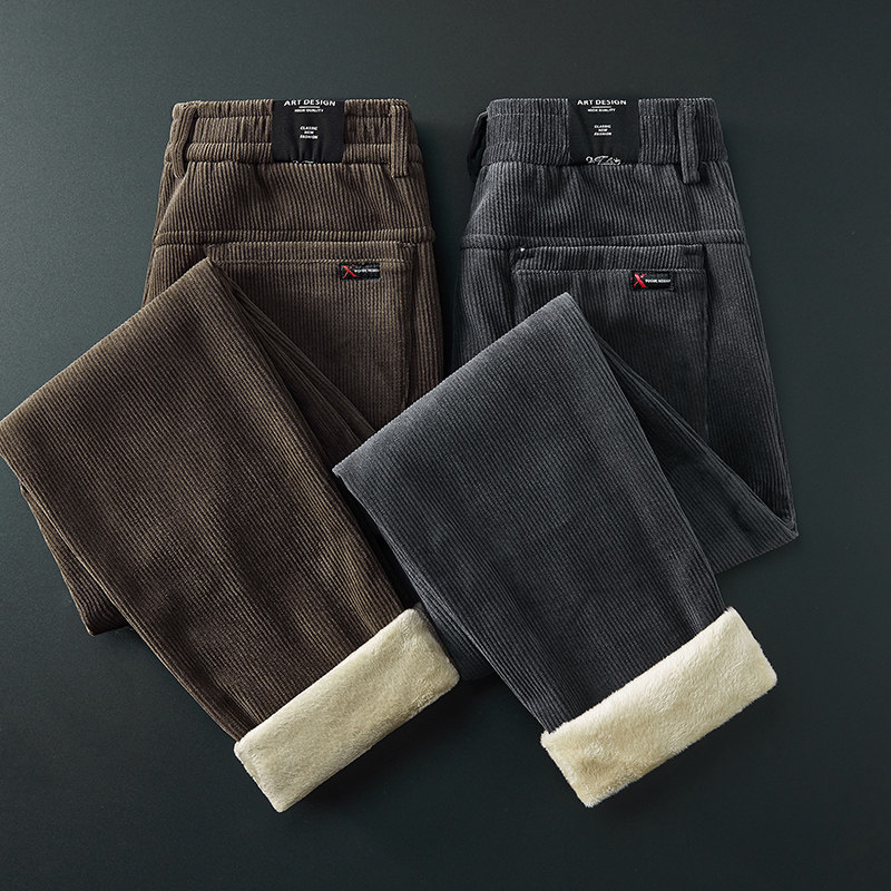 加绒加厚灯芯绒修身休闲裤子男士2025年新款秋冬商务毛呢直筒长裤