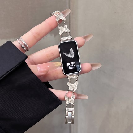 适用于华为手环10表带闪钻蝴蝶金属表链荣耀10/9/8智能运动腕带擎云HA580高级感小香风女款时尚个性新款配件