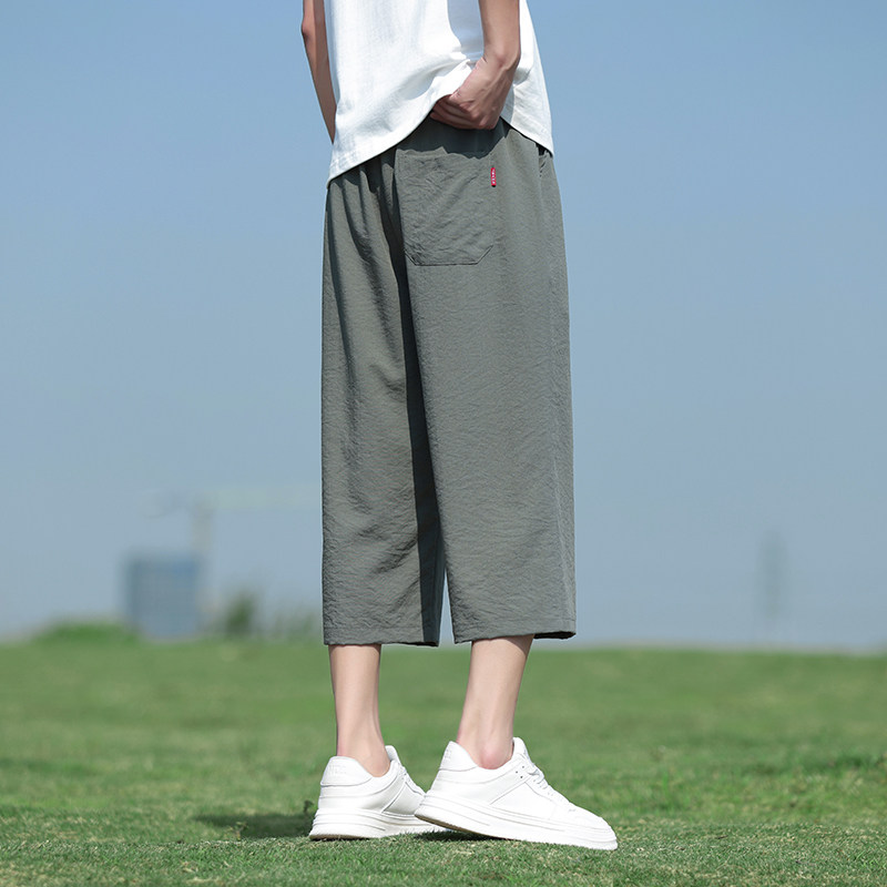 冰丝短裤男夏季薄款2025新款直筒宽松马裤亚麻七分裤男士棉麻裤子