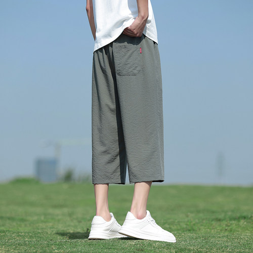 冰丝短裤男夏季薄款2025新款直筒宽松马裤亚麻七分裤男士棉麻裤子