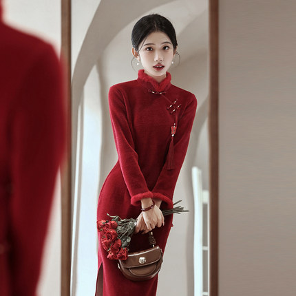 红色旗袍a敬酒服女新中式秋冬季加绒加厚冬款新娘结婚订婚礼服长